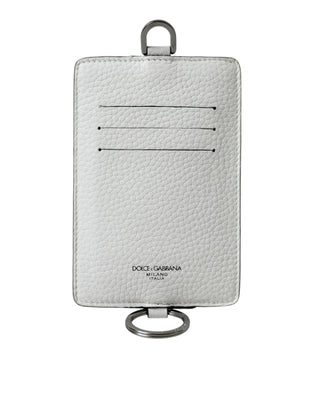 Dolce &amp; Gabbana White Calf Leather Lanyard Logo Card Holder Wallet