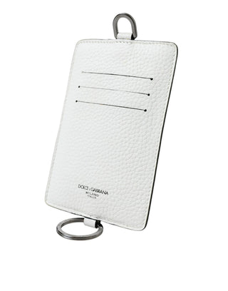 Dolce &amp; Gabbana White Calf Leather Lanyard Logo Card Holder Wallet