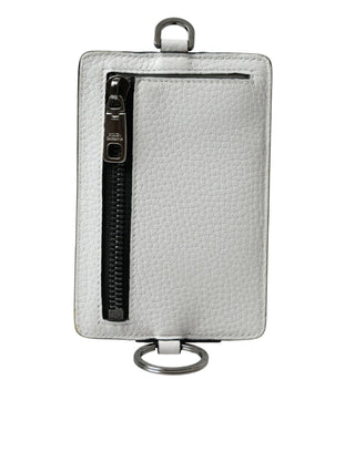 Dolce &amp; Gabbana White Calf Leather Lanyard Logo Card Holder Wallet