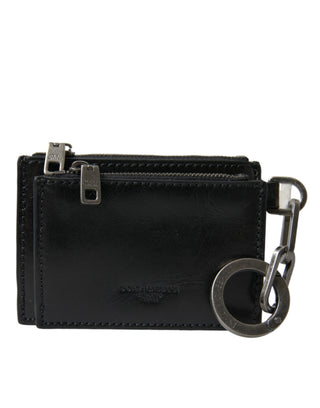 Dolce &amp; Gabbana Black Leather Zip Logo Keyring Coin Purse Keyring Wallet