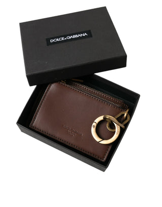 Dolce &amp; Gabbana Brown Leather Zip Logo Keyring Coin Purse Keyring Wallet