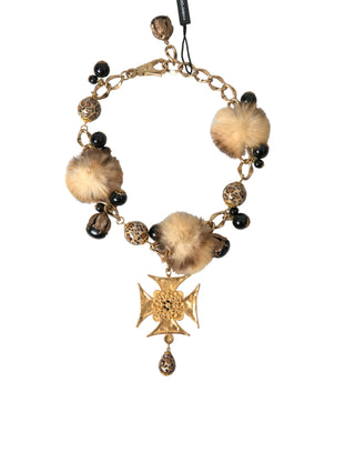 Dolce &amp; Gabbana Gold Black Crystals Lapin Fur Filigree Chocker Necklace