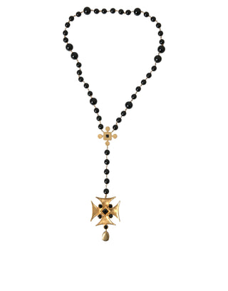 Dolce &amp; Gabbana Gold Tone Brass Cross Black Beaded Chain Rosary Necklace