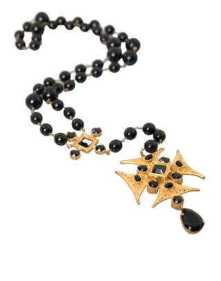 Dolce &amp; Gabbana Gold Tone Brass Cross Black Beaded Chain Rosary Necklace