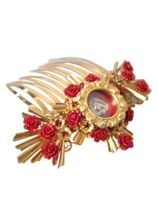 Dolce & Gabbana Gold Brass Crystal Heart Floral Hair Comb