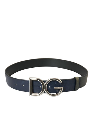 Dolce &amp; Gabbana Blue Leather Silver Metal Logo Buckle Belt Men