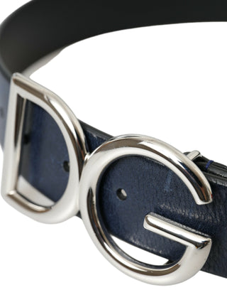 Dolce &amp; Gabbana Blue Leather Silver Metal Logo Buckle Belt Men