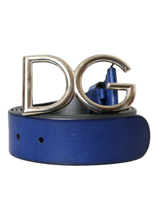 Dolce &amp; Gabbana Blue Leather Silver Metal Logo Buckle Belt Men