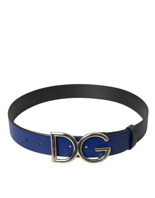 Dolce &amp; Gabbana Blue Leather Silver Metal Logo Buckle Belt Men