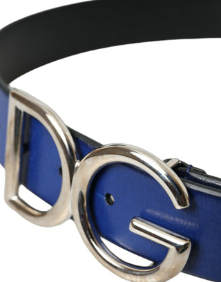 Dolce &amp; Gabbana Blue Leather Silver Metal Logo Buckle Belt Men