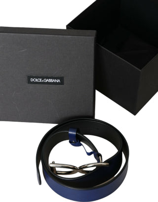 Dolce &amp; Gabbana Blue Leather Silver Metal Logo Buckle Belt Men