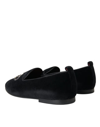 Dolce &amp; Gabbana Black Velvet Crystal Crown Men Loafers Shoes