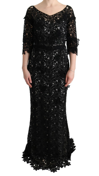 Dolce &amp; Gabbana Elegant Black Maxi Shift Dress with Floral Applique