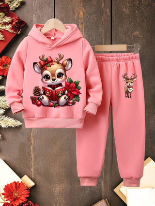 Girls Christmas Cartoon Print Hoodie Set, Comfortable Stretch Long Sleeve Sweatshirt, Polyester Knitted Sweater and Pants, Casual Loose Fit, Christmas Color Design, Winter Set, Outdoor Use. 