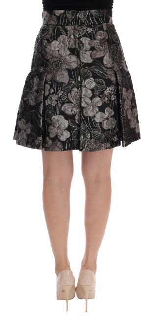 Dolce &amp; Gabbana Elegant Black Silver-Floral Straight Skirt