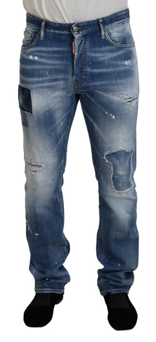 Dsquared² Blue Washed Tattered Straight Fit Casual Denim Jeans