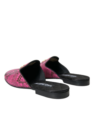 Dolce &amp; Gabbana Fuchsia Python Logo Mule Flat Sandals Shoes