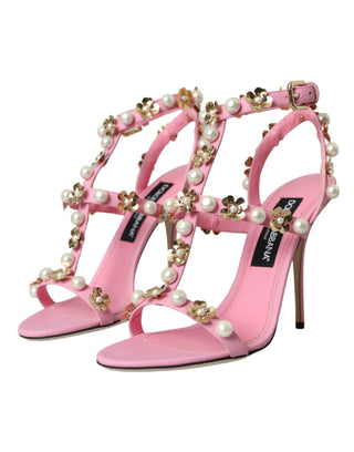 Dolce &amp; Gabbana Pink Leather Embellished Heels Sandals Shoes