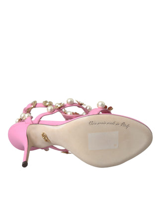 Dolce &amp; Gabbana Pink Leather Embellished Heels Sandals Shoes