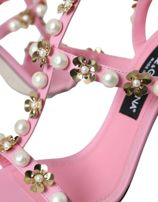 Dolce &amp; Gabbana Pink Leather Embellished Heels Sandals Shoes