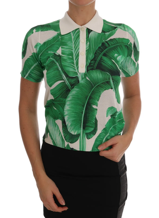 Dolce & Gabbana Green Banana Print Silk Polo T-shirt