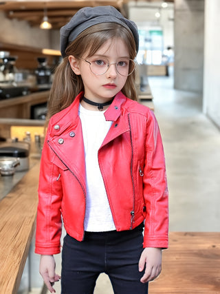 Girls Fashion Motorcycle Jacket, Long Sleeve Faux Leather Jacket Windproof Fashion Spring/Autumn 