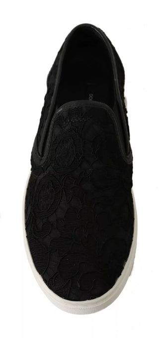 Dolce &amp; Gabbana Black Lace Leather Logo Flat Slip-On Sneakers