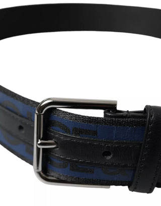 Dolce &amp; Gabbana Black Blue Logo Silver Metal Buckle Belt