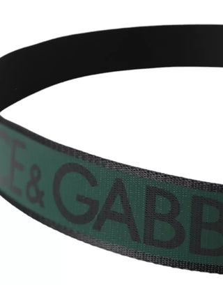 Dolce &amp; Gabbana Black Green Logo Silver Metal Buckle Belt