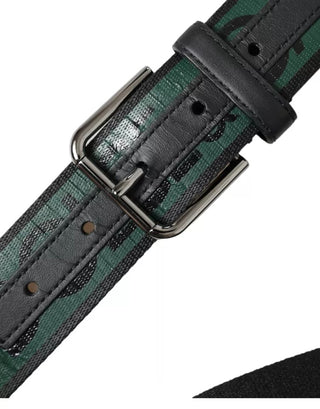 Dolce &amp; Gabbana Black Green Logo Silver Metal Buckle Belt