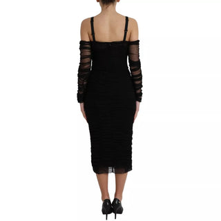 Dolce & Gabbana Black Cold Shoulder Stretch Tulle Midi Dress