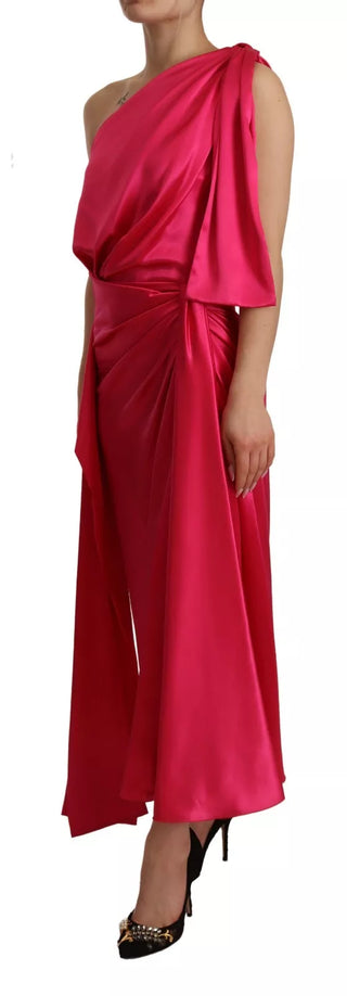 Dolce & Gabbana Silk Pink Fitted Cut One Shoulder Midi Dress