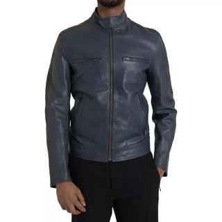 Dolce & Gabbana Blue Leather Full Zip Biker Blouson Jacket