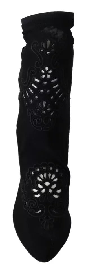 Dolce &amp; Gabbana Black Stretch Pumps Boots Floral Lace Shoes