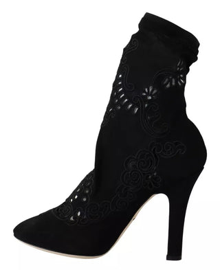 Dolce &amp; Gabbana Black Stretch Pumps Boots Floral Lace Shoes