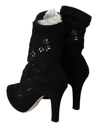 Dolce &amp; Gabbana Black Stretch Pumps Boots Floral Lace Shoes