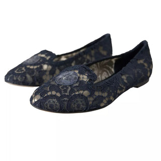 Dolce &amp; Gabbana Dark Blue Taormina Lace Slip On Flats Shoes