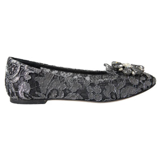 Dolce &amp; Gabbana Gray Black Lace Crystal Ballet Loafers Shoes