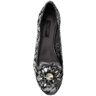 Dolce &amp; Gabbana Gray Black Lace Crystal Ballet Loafers Shoes