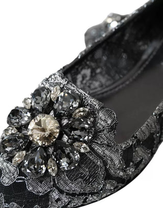 Dolce &amp; Gabbana Gray Black Lace Crystal Ballet Loafers Shoes