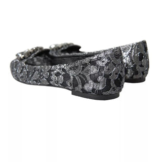 Dolce &amp; Gabbana Gray Black Lace Crystal Ballet Loafers Shoes