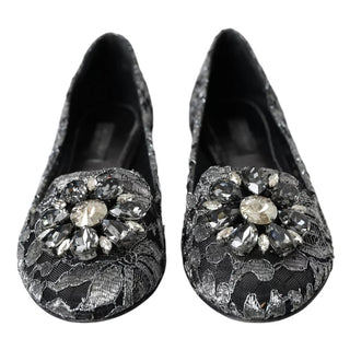 Dolce &amp; Gabbana Gray Black Lace Crystal Ballet Loafers Shoes