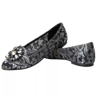 Dolce &amp; Gabbana Gray Black Lace Crystal Ballet Loafers Shoes