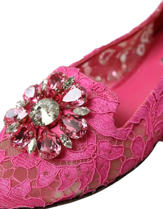 Dolce &amp; Gabbana Pink Lace Crystal Ballet Loafers Shoes