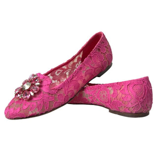 Dolce &amp; Gabbana Pink Lace Crystal Ballet Loafers Shoes