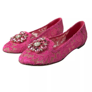 Dolce &amp; Gabbana Pink Lace Crystal Ballet Loafers Shoes