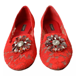 Dolce &amp; Gabbana Red Lace Crystal Ballet Loafers Shoes