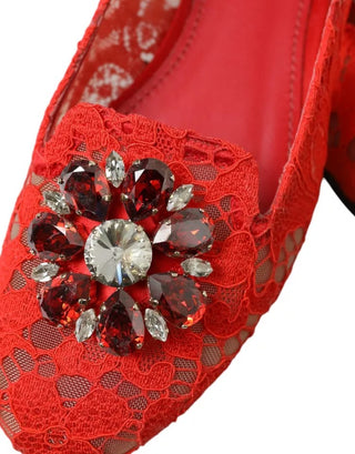 Dolce &amp; Gabbana Red Lace Crystal Ballet Loafers Shoes