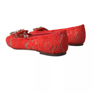 Dolce &amp; Gabbana Red Lace Crystal Ballet Loafers Shoes