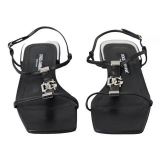 Dolce & Gabbana Black Leather DG Logo Flats Sandals Shoes